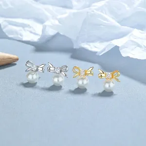 Bowknot Artificial Pearl Stud Earrings With 925 Sterling Silver Earring Post Zirconia Elegant Gold Silver Bow Jewelry For Women