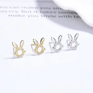 Boucles d'Oreilles Clous Lapin Creux en Argent Sterling 925 pour Femmes Forme d'Animal Strass Bijoux de Mode Clou d'Oreille