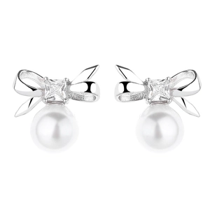 925 silver bow stud earrings with freshwater pearls and square zircon accents