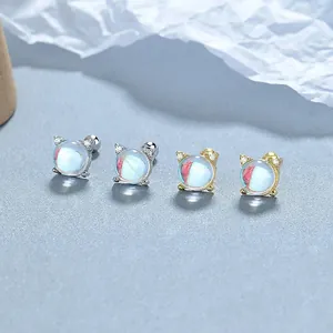 925 silver cat-shaped stud earrings with moonstone accents in gold and silver finish