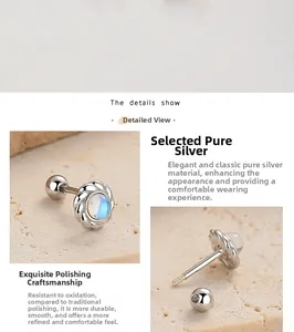 Detailed macro view of S925 sterling silver moonstone screw-back stud earrings and texture