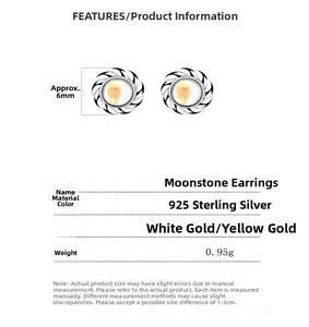 Specifications of 925 sterling silver moonstone stud earrings showing 6mm size and weight