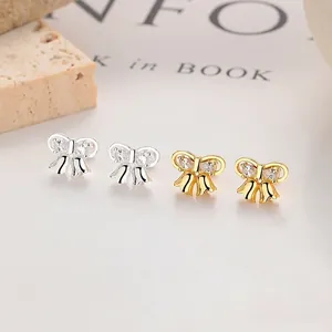 Boucles d'Oreilles Clous en Argent Sterling 925 Nœud Papillon Muguet Strass Bijoux de Mode pour Femme