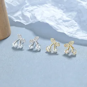 Boucles d'Oreilles Clous Cerise en Argent Sterling 925 Pour Femmes Zirconia Transparent Incrusté Forme Fruit Frais Bijoux Mode