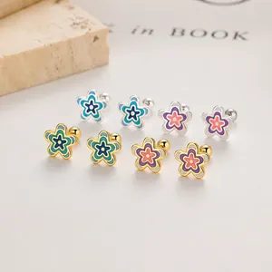 925 silver flower stud earrings set with colorful enamel petals and screw back design