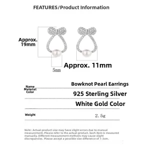 Detail specifications of 925 silver bow pearl earrings with 19mm by 11mm dimensions