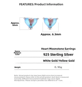 Detailed size specifications for 925 silver heart-shaped moonstone stud earrings
