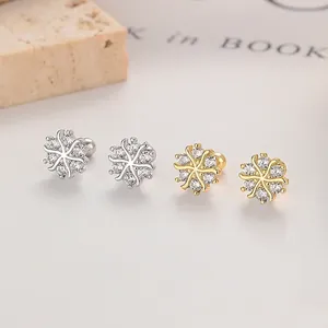 925 Sterling Silver Snowflake Zirconia Stud Earrings With Screw Back Fashion Winter Jewelry For Women Platinum Gold Plated