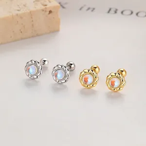 925 Sterling Silver Round Moonstone Stud Earrings For Women Geometric Screw Back Electroplated Elegant Minimalist Jewelry