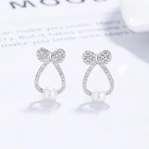Bowknot Artificial Pearl Stud Earrings With 925 Sterling Silver Earring Post Zircon Elegant Delicate Luxury Jewelry For Women