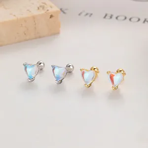 925 Sterling Silver Heart Iridescent Synthetic Moonstone Stud Earrings Fashion Women Screw Back Ear Bone Studs Jewelry