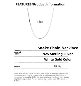 Detailed specs of 925 sterling silver snake chain necklace with 45cm length and 10.5g weight