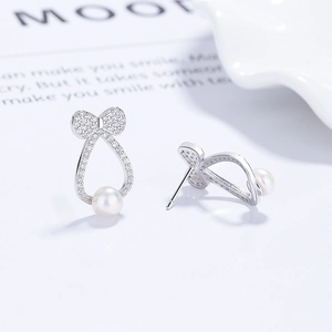 Exquisite 925 sterling silver bowknot pearl earrings with sparkling micro-pave crystals