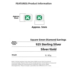 Detailed macro view of 925 sterling silver emerald square stud earring with size dimensions