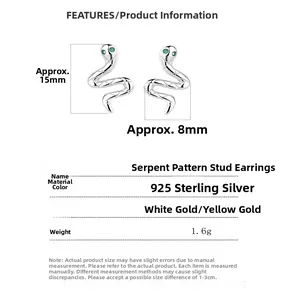 Detailed size and specs for 925 sterling silver snake earrings with green zircon eyes