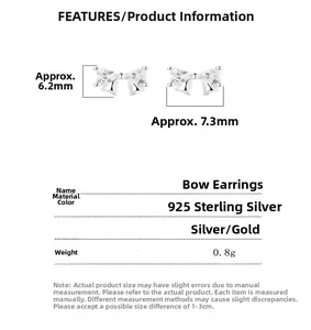 Macro detail of 925 sterling silver bow earrings showing sizes and zircon inlay
