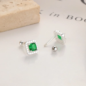 S925 silver stud earrings with square emerald zircon and secure screw ball backing
