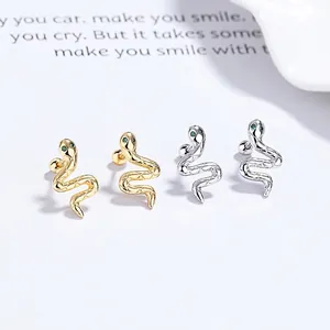 925 Sterling Silver Snake Stud Earrings For Women Minimalist Design Green Zirconia Eye Animal Earrings Ball Back Jewelry