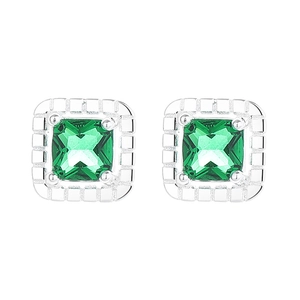 925 Sterling Silver square emerald zircon stud earrings with textured screw-back design