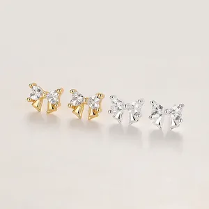 925 Sterling Silver Bowknot Stud Earrings For Women Rhinestone Heart Design Fashion Jewelry Minimalist Elegant Earrings