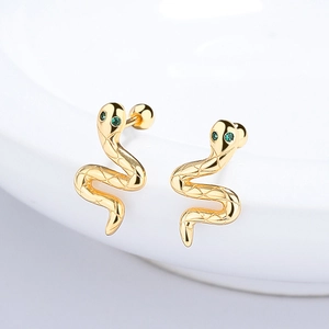 Minimalist 925 sterling silver snake stud earrings with green zircon eyes and ball back