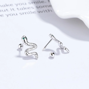 Minimalist 925 sterling silver snake stud earrings with green zircon eyes and screw backs