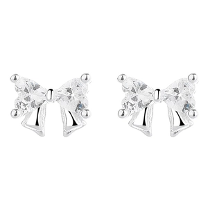 925 silver bow stud earrings featuring sparkling heart-cut clear zircon stones