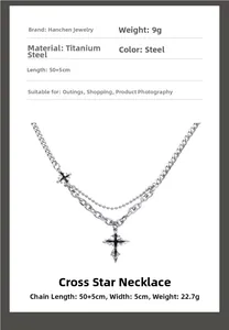 Close-up of double-layer stainless steel cross necklace with Cuban and bead chain