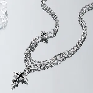 Titanium Steel Cross Pattern Spliced Multi-Layer Necklace Hip Hop Punk Gothic Style Alloy Pendant Jewelry Accessory Unisex