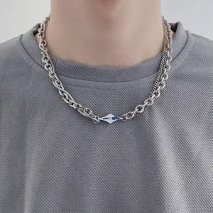 Collier Double Couche en Acier Titane Hip Hop Lave Entrelacée Avec Pendentif Losange en Émail Bleu Strass Bijoux Streetwear
