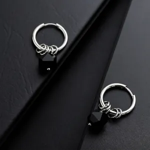 Unisex Minimalist Geometric Zirconia Hoop Earrings Copper Electroplated Silver Black Polyhedral Pendant Punk Fashion Jewelry