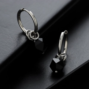 Minimalist silver hoop earrings with geometric black rhodium pendants for men and women