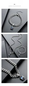 Detail of silver Cuban chain with blue zircon pendant and Lucky engraved tag