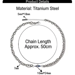 Collier en acier titane à double chaîne avec pendentif en losange bleu et logo