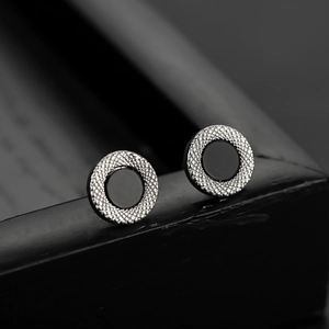 Men's galaxy silver earrings with black inlay and textured grain, minimalist hip hop style