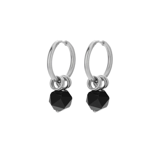 Minimalist silver hoop earrings with hanging black diamond-cut zircon bead pendants