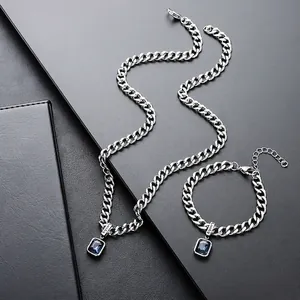 Vintage Titanium Steel Cuban Link Necklace Bracelet Set For Men Women Lucky Blue Square Rhinestone Pendant Fashion Jewelry