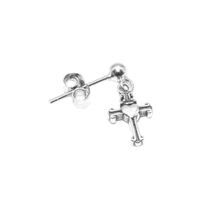 Retro silver cross stud earring with a central 3D heart design and vintage finish