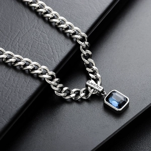 Cuban link necklace with Lucky engraving and blue rectangular gemstone pendant