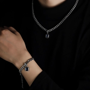 Cuban chain necklace and bracelet set with rectangle blue zircon and Lucky engraving