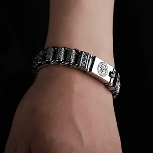 Vintage unisex mantra bracelet with engraved silver-tone metal links and totem buckle