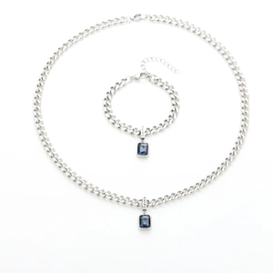 Silver Cuban link necklace and bracelet set with blue zircon lucky engraved pendant