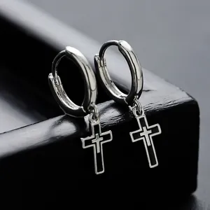 Vintage Copper Cross Hoop Earrings For Men Women Punk Silver Plated Double Layer Geometric Pendant Unisex Fashion Jewelry