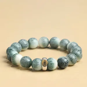 Vintage Bodhi Root Beaded Bracelet Engraved Mantra Titanium Steel Transfer Bead Ethnic Zen Style Jewelry For Men Women