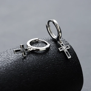 Cross pendant hoop earrings in silver metal with black inlay for men and women