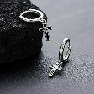 Silver cross hoop earrings with black enamel inlay and 3D layered design for men and women