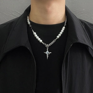 Collana In Acciaio Al Titanio Con Künstliche Perle D'Imitazione Giuntata Con Ciondolo In Lega A Stella Croce Zirconia Per Donna Uomo