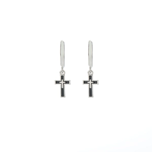 Minimalist silver hoop earrings with black cross pendants for men and women on white background