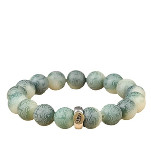 Natural Bodhi Seed Buddhist Bracelet with gradient green beads and silver mantra charm