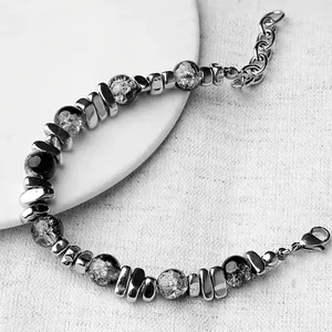 Minimalist Hematite Titanium Steel Beaded Bracelet For Men Women Hip Hop Irregular Metal Cat's Eye Stone Adjustable Jewelry